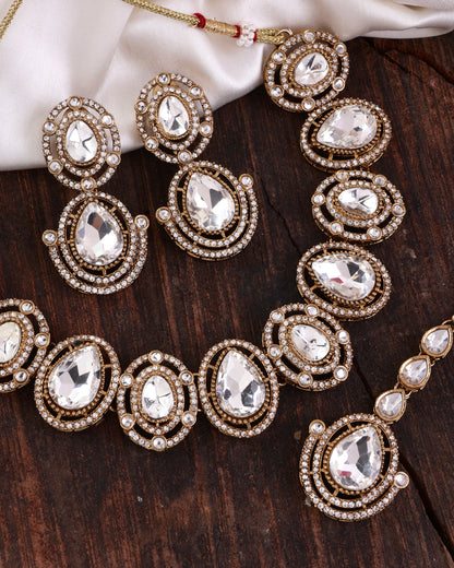 Silver Hania Premium Polki Dupe Necklace with Earring and Mangteeka