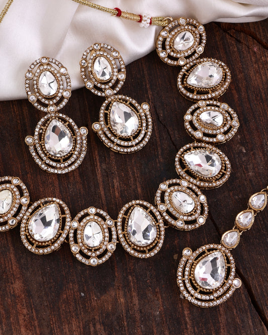 Silver Hania Premium Polki Dupe Necklace with Earring and Mangteeka
