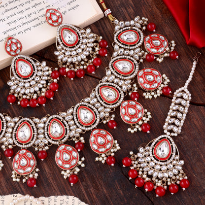 Red Ruhana Necklace Set with Chandbali Earring and Statement Teeka