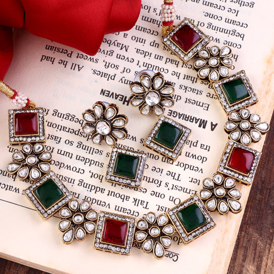 Red Green Harman Monalisa Choker Necklace Set with Earring