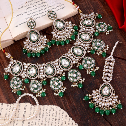 Green Ruhana Necklace Set with Chandbali Earring and Statement Teeka