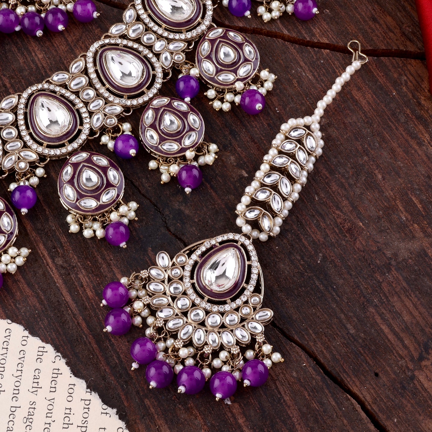 Purple Ruhana Necklace Set with Chandbali Earring and Statement Teeka