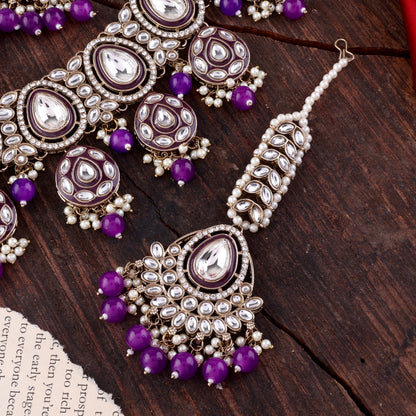 Purple Ruhana Necklace Set with Chandbali Earring and Statement Teeka