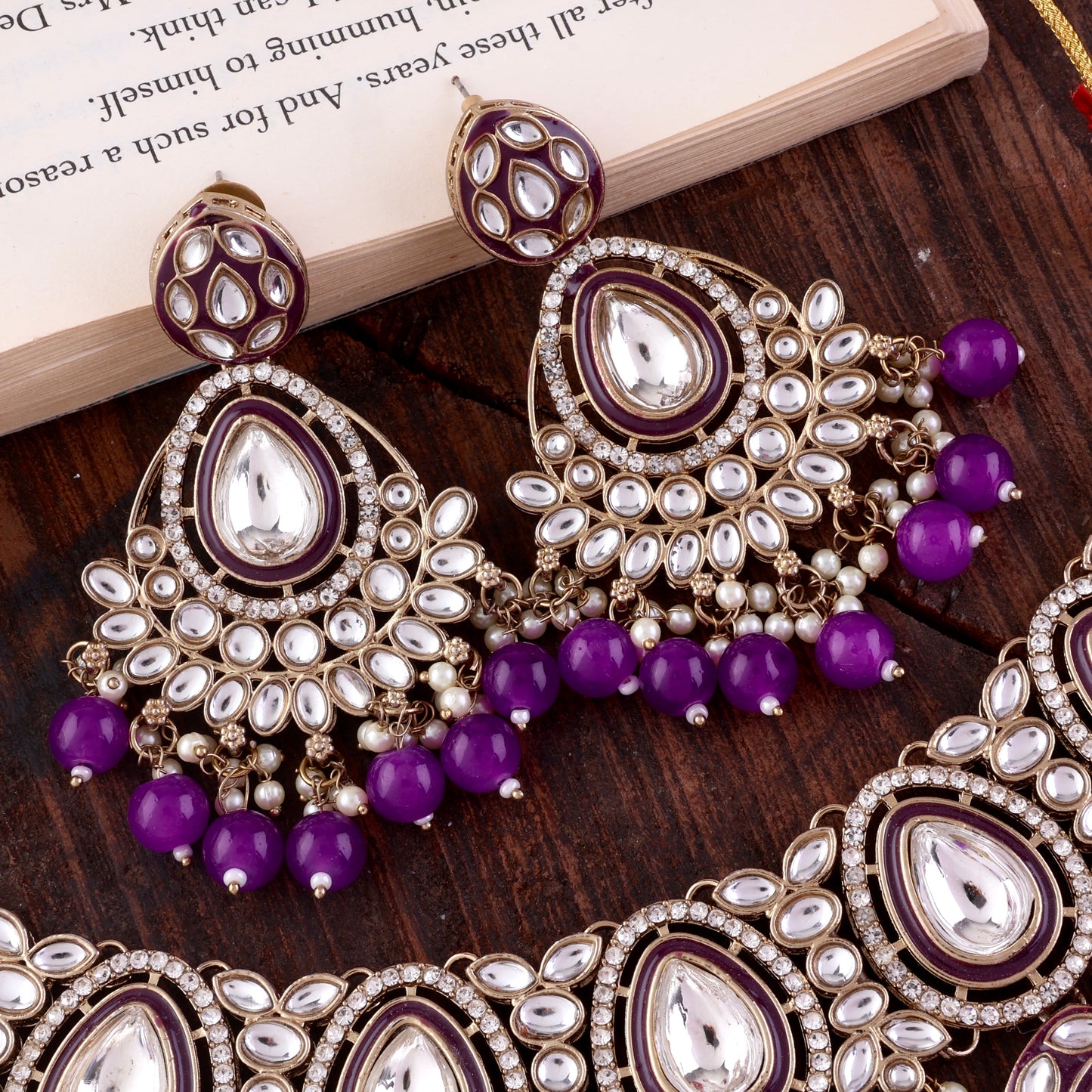 Purple Ruhana Necklace Set with Chandbali Earring and Statement Teeka