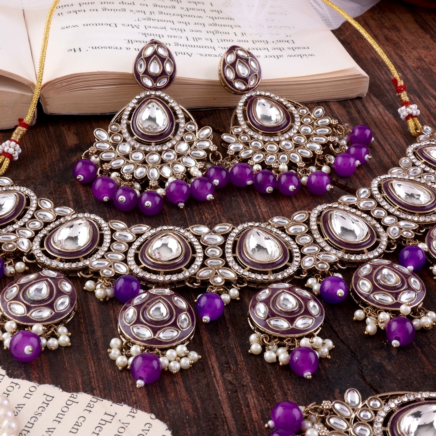 Purple Ruhana Necklace Set with Chandbali Earring and Statement Teeka