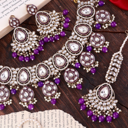 Purple Ruhana Necklace Set with Chandbali Earring and Statement Teeka