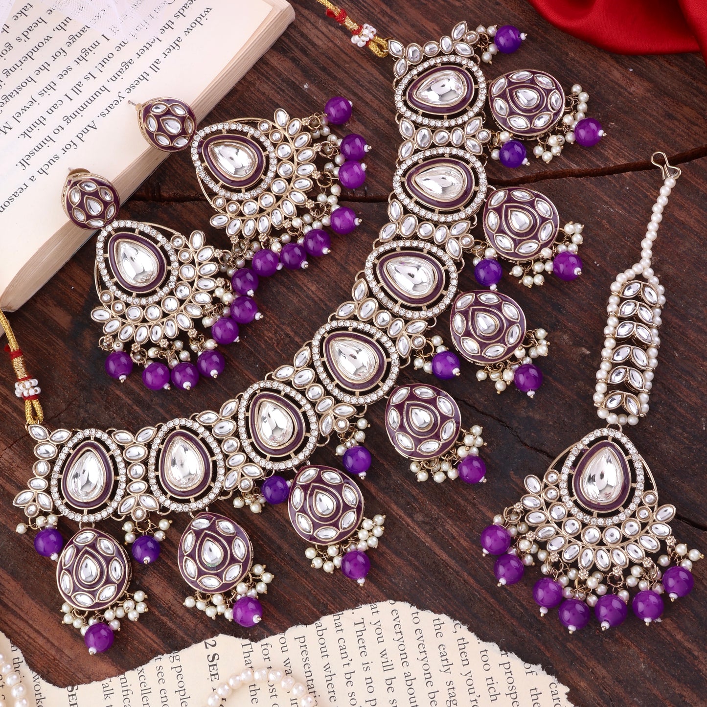 Purple Ruhana Necklace Set with Chandbali Earring and Statement Teeka