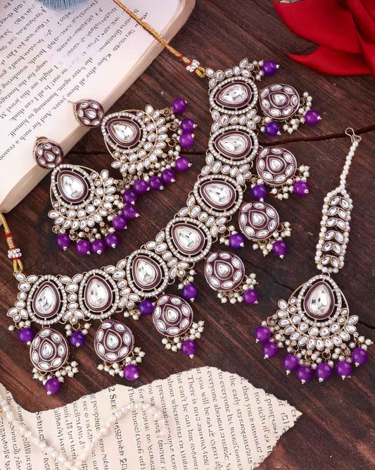 Purple Ruhana Necklace Set with Chandbali Earring and Statement Teeka
