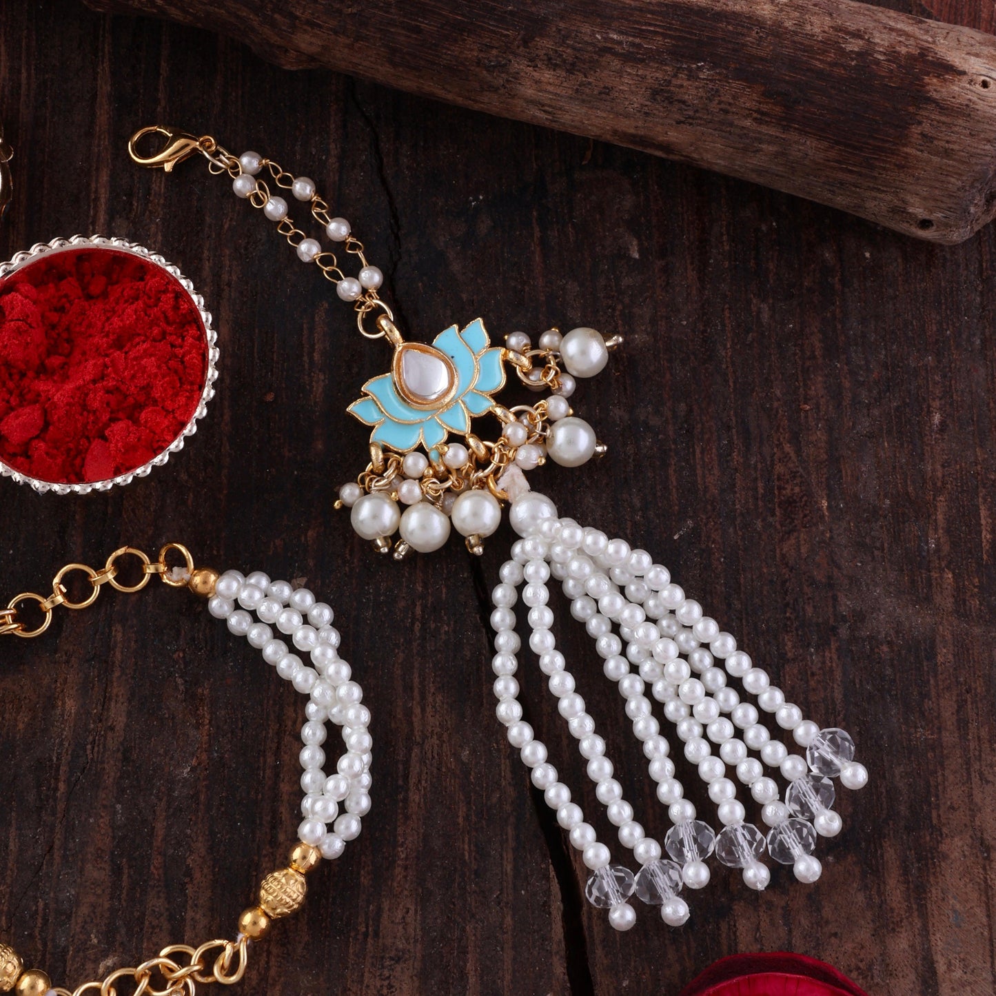 Turquoise Malay Bhaiya Bhabhi Rakhi with Tilak Set and Card