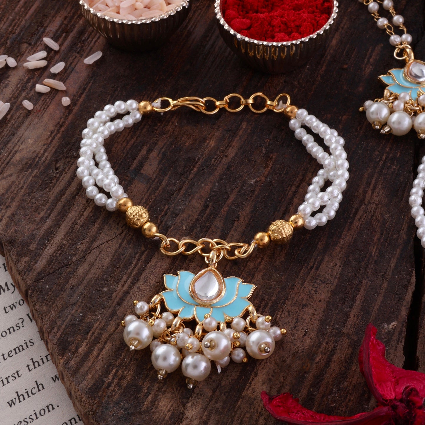 Turquoise Malay Bhaiya Bhabhi Rakhi with Tilak Set and Card