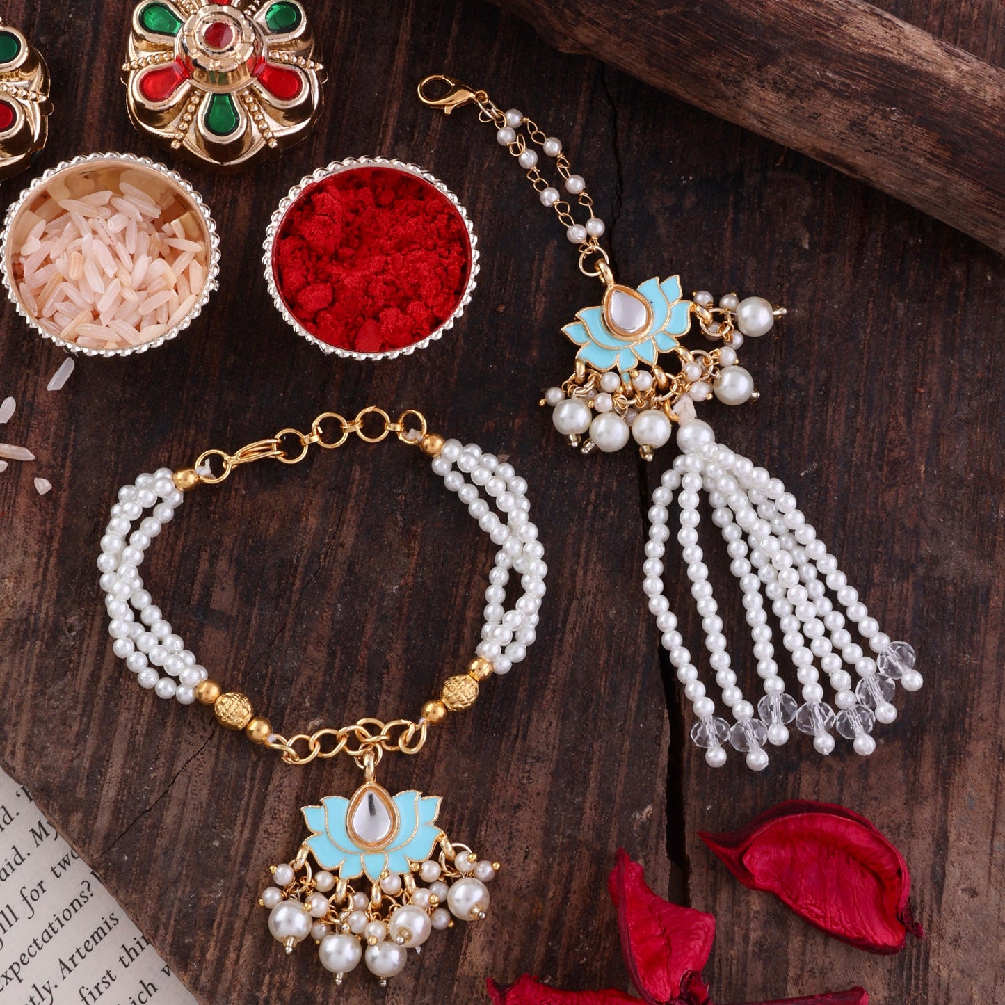 Turquoise Malay Bhaiya Bhabhi Rakhi with Tilak Set and Card
