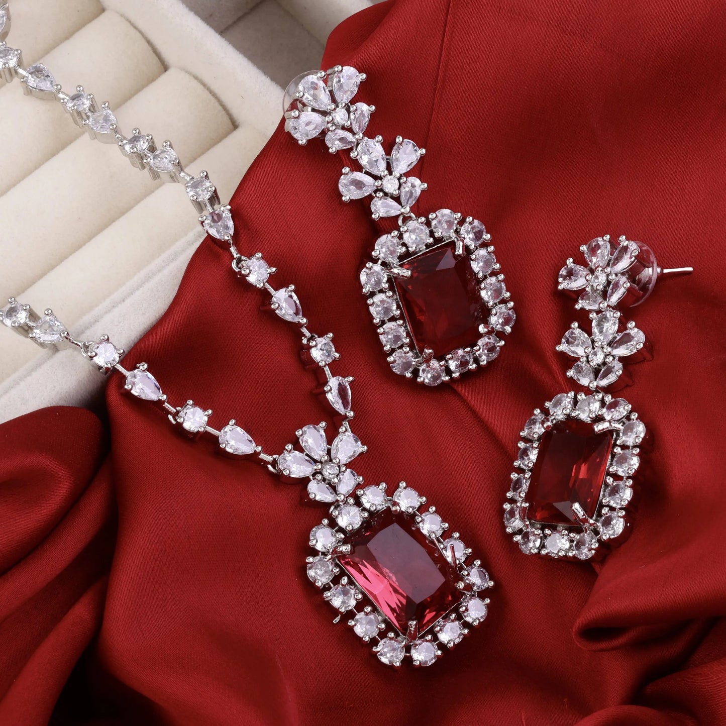 Wine Red Parneet American Diamond Necklace Set