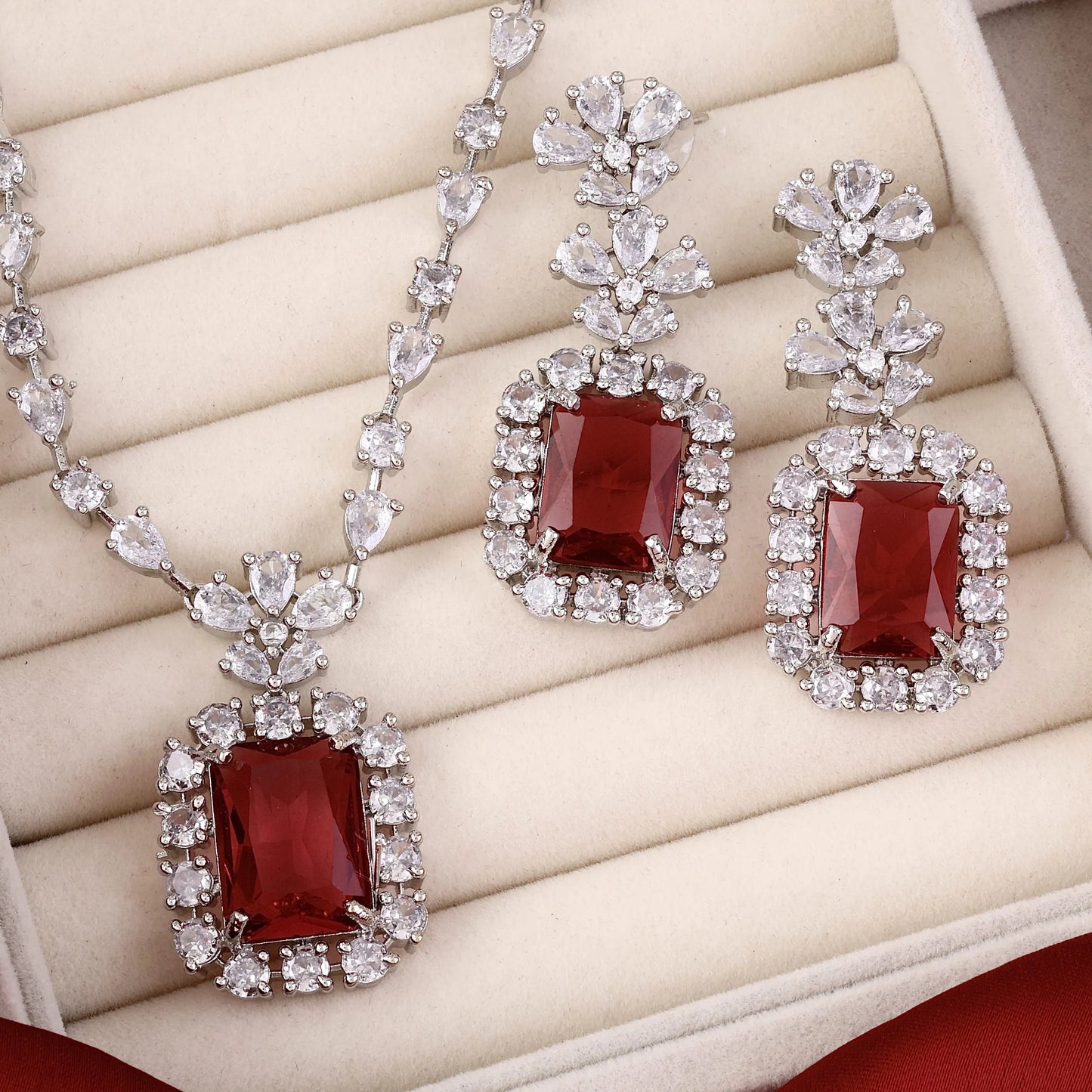 Wine Red Parneet American Diamond Necklace Set