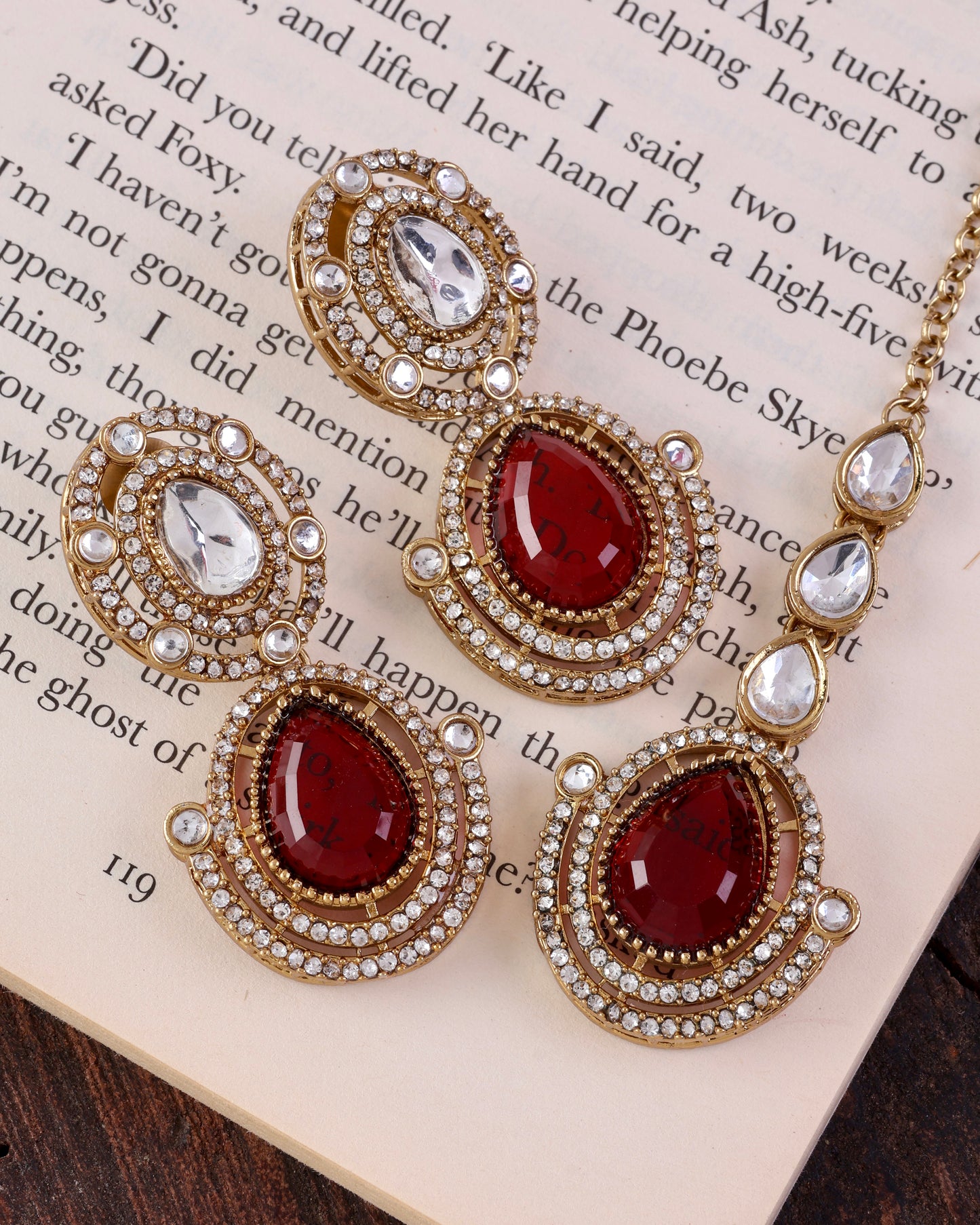 Ruby Hania Premium Polki Dupe Necklace with Earring and Mangteeka