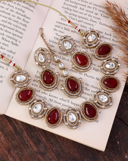 Ruby Hania Premium Polki Dupe Necklace with Earring and Mangteeka