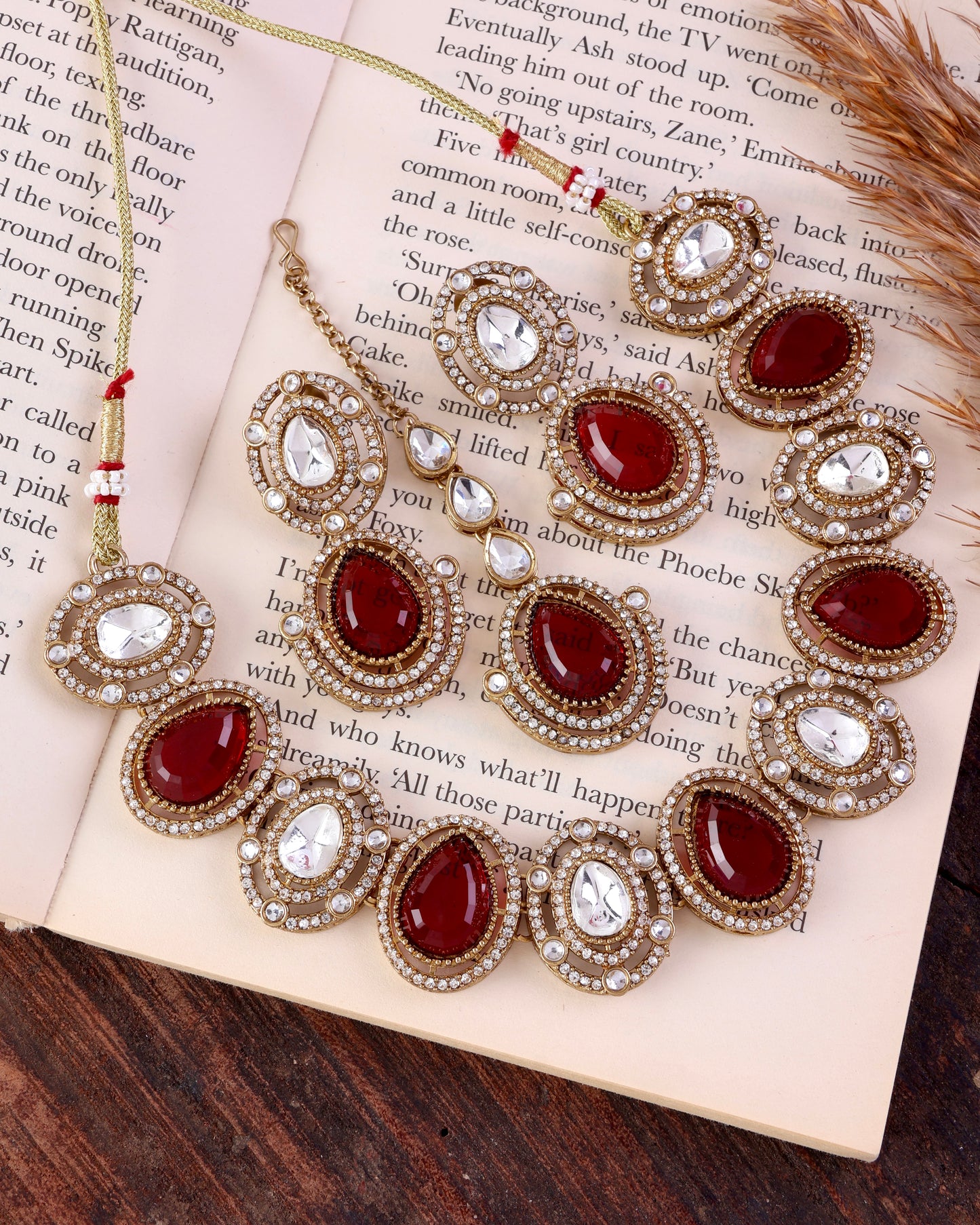 Ruby Hania Premium Polki Dupe Necklace with Earring and Mangteeka
