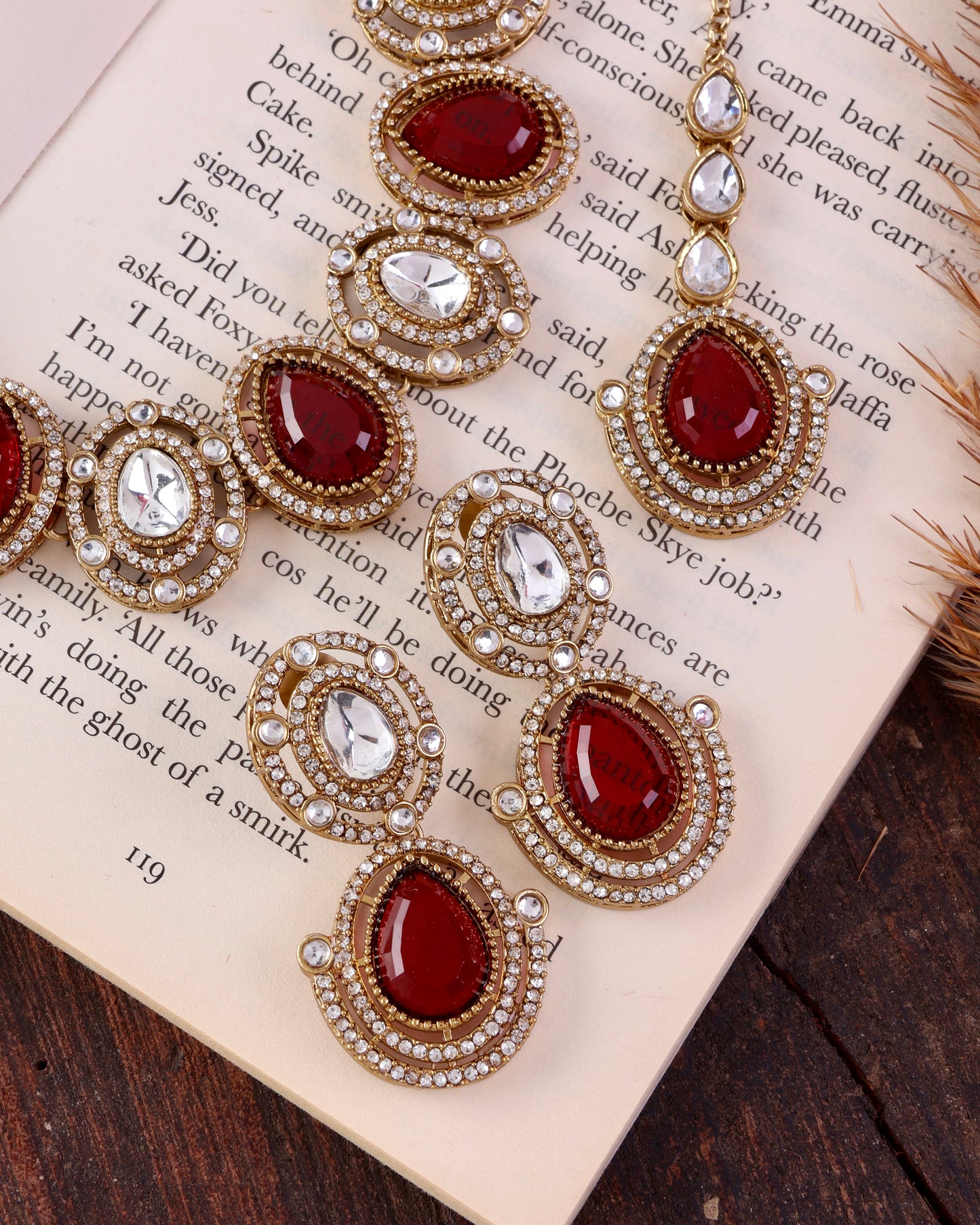 Ruby Hania Premium Polki Dupe Necklace with Earring and Mangteeka