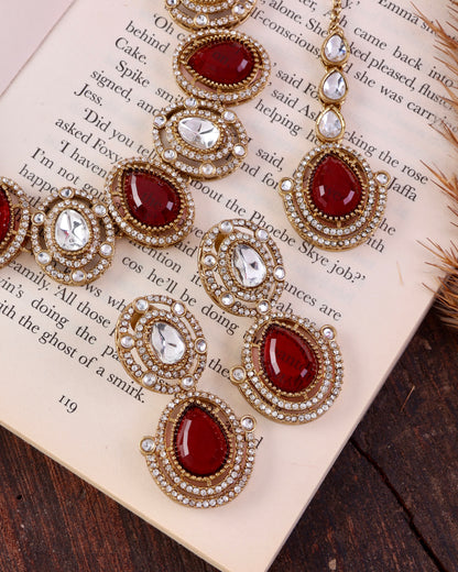 Ruby Hania Premium Polki Dupe Necklace with Earring and Mangteeka
