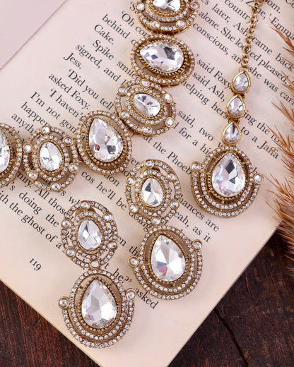Silver Hania Premium Polki Dupe Necklace with Earring and Mangteeka
