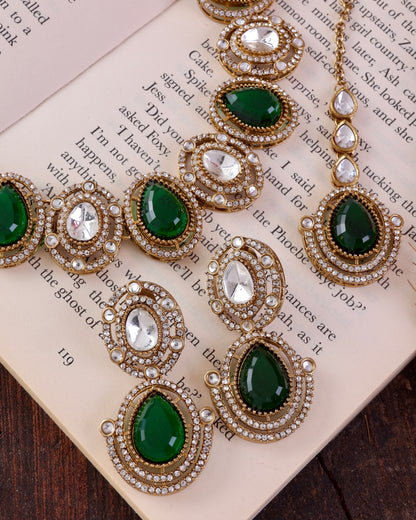 Emerald Hania Premium Polki Dupe Necklace with Earring and Mangteeka