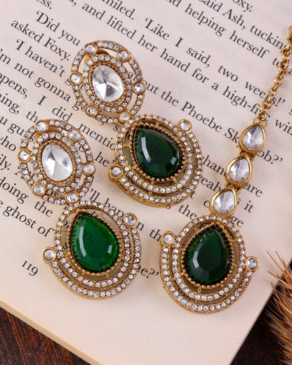 Emerald Hania Premium Polki Dupe Necklace with Earring and Mangteeka