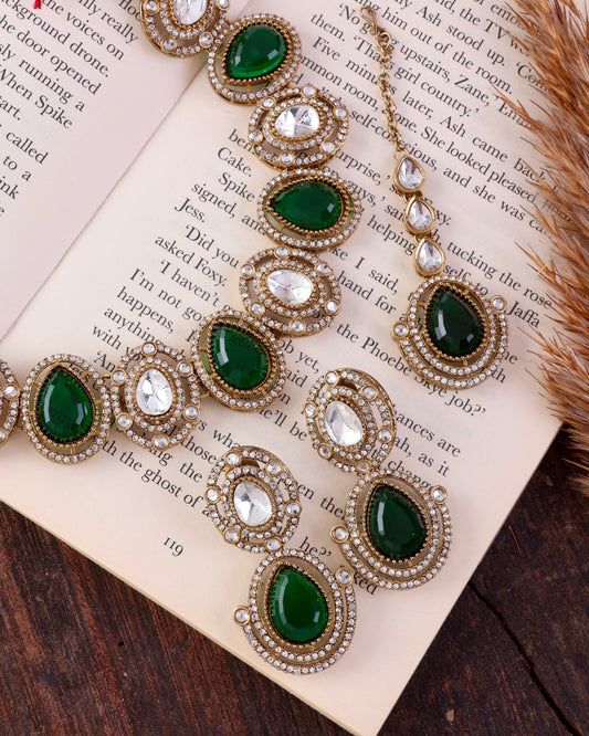 Emerald Hania Premium Polki Dupe Necklace with Earring and Mangteeka
