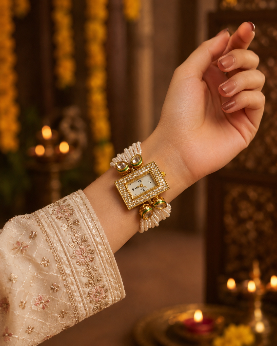 Sheesh Pearl Kundan Bracelet Wrist Watch