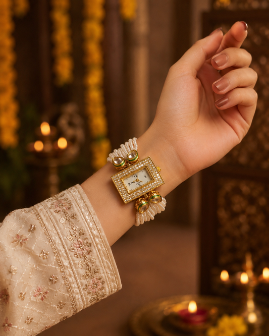 Sheesh Pearl Kundan Bracelet Wrist Watch