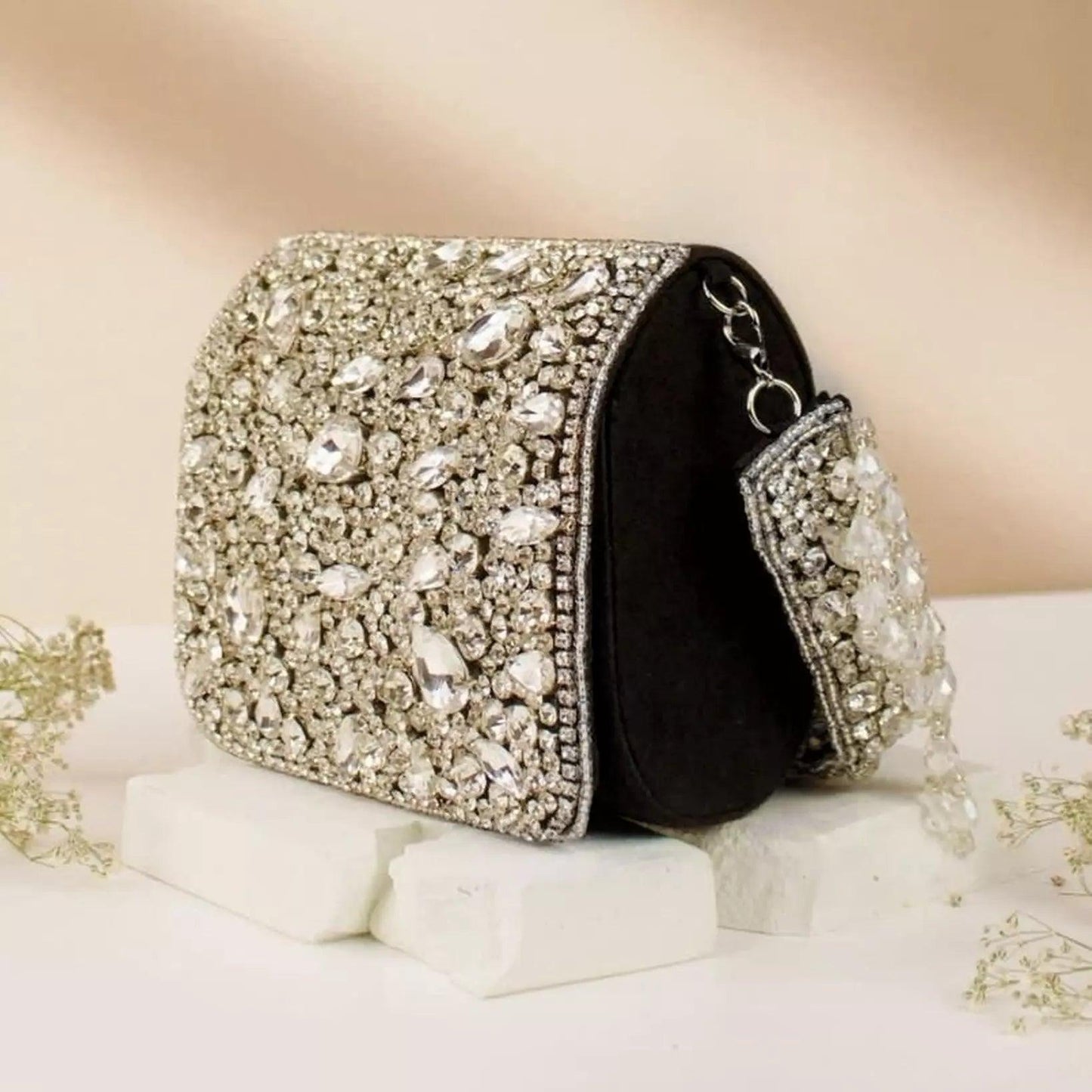 Black Maria Rhinestone Flap Clutch