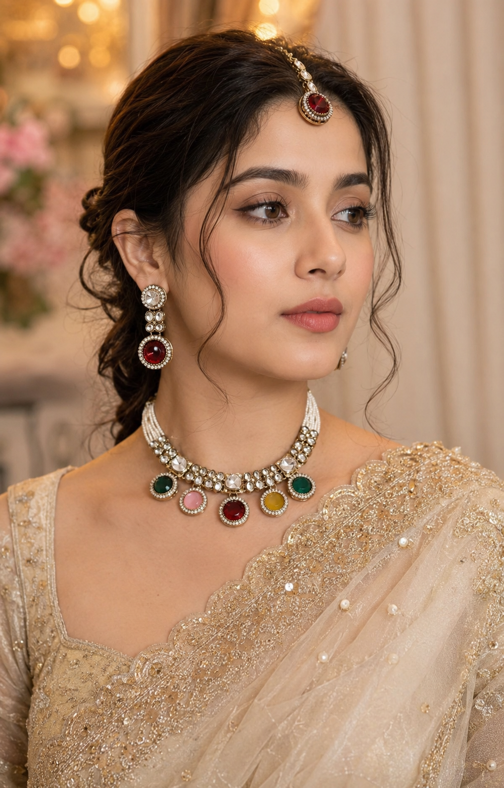 Multi Ishya Premium Polki Dupe Necklace with Earring and Mangteeka