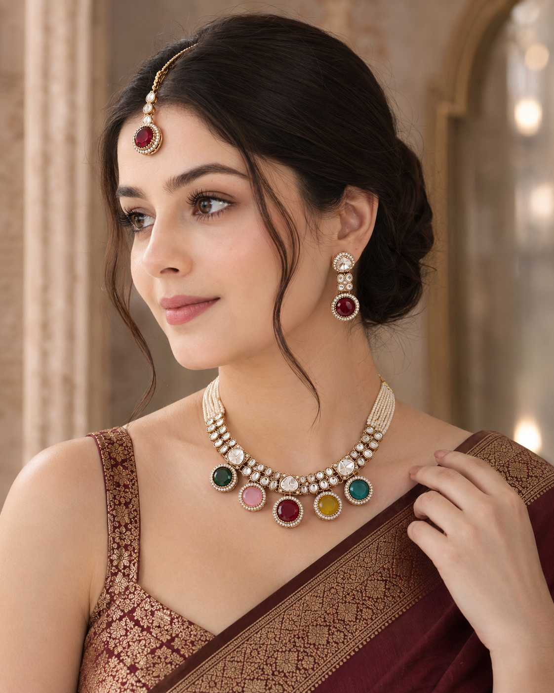 Multi Ishya Premium Polki Dupe Necklace with Earring and Mangteeka