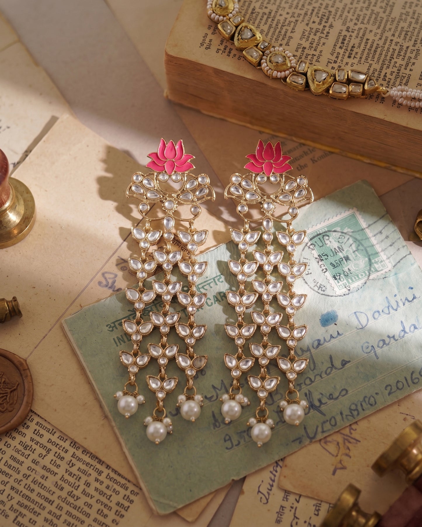 Pink Neerja Lotus Meenakari Earring
