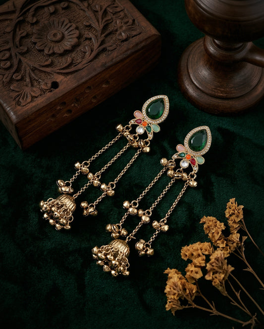 Green Multi Nidhi Kashmiri Look Ghunghru Jhumka Earring