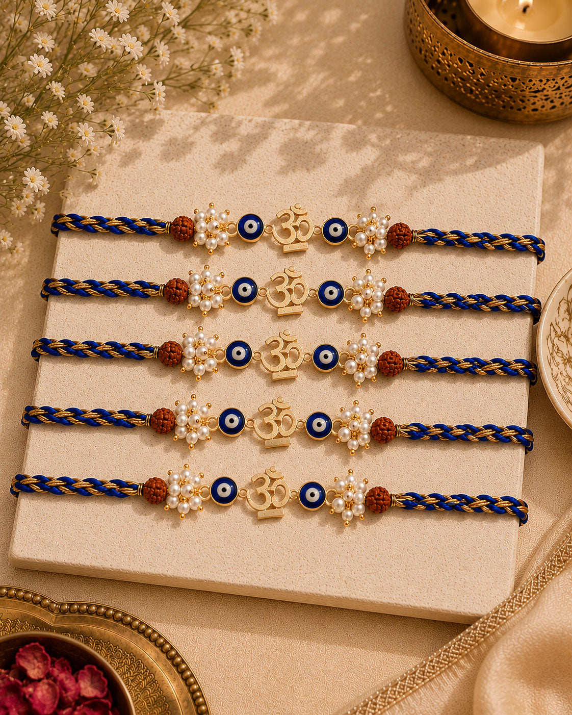 Pack of 5 OM Evil Eye Rakhi with Card | Tilak Set Included