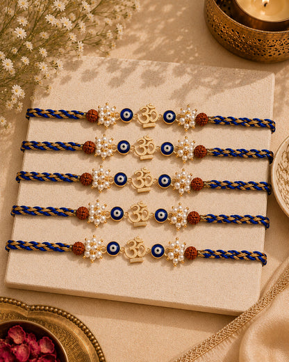 Pack of 5 OM Evil Eye Rakhi with Card | Tilak Set Included