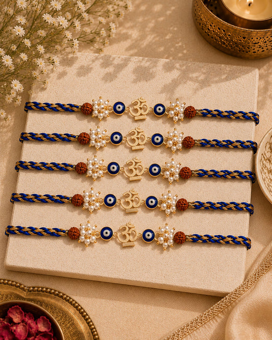 Pack of 5 OM Evil Eye Rakhi with Card | Tilak Set Included