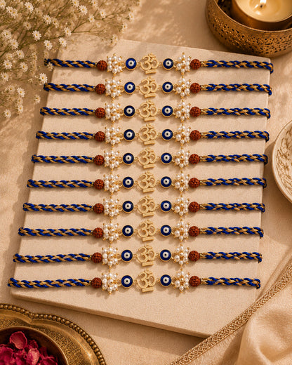 Pack of 10 OM Evil Eye Rakhi with Card | Tilak Set Included