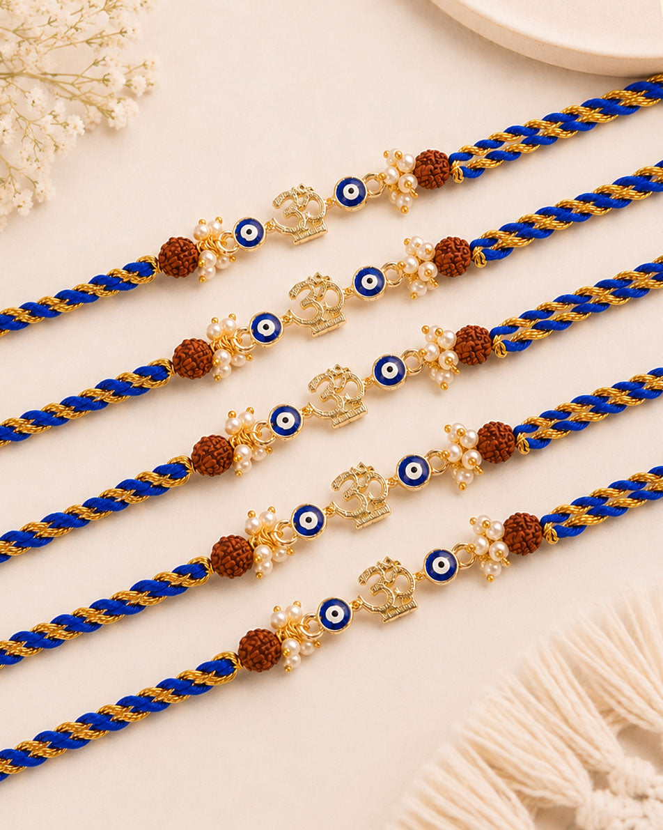 Pack of 5 OM Evil Eye Rakhi with Card | Tilak Set Included