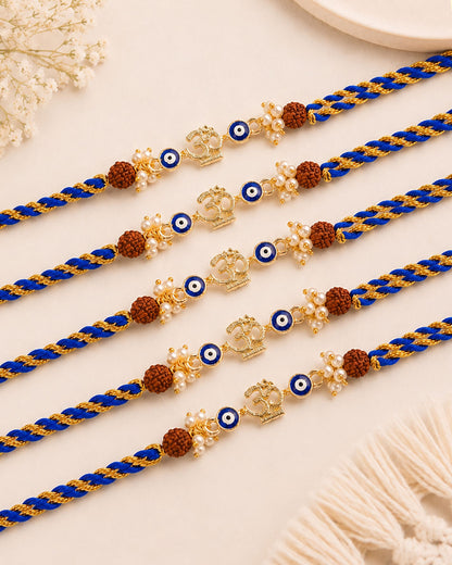 Pack of 5 OM Evil Eye Rakhi with Card | Tilak Set Included