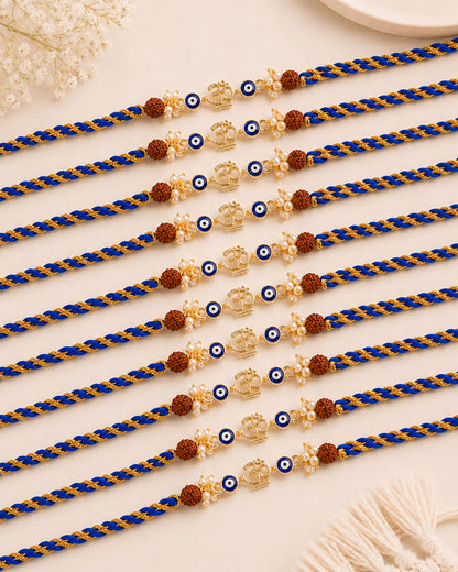 Pack of 10 OM Evil Eye Rakhi with Card | Tilak Set Included