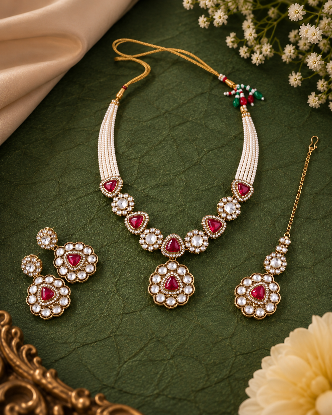 Pink Jasneet Premium Zircone Polki Dupe Necklace Set With Earrings & Teeka