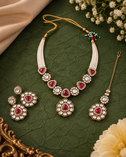 Pink Jasneet Premium Zircone Polki Dupe Necklace Set With Earrings & Teeka