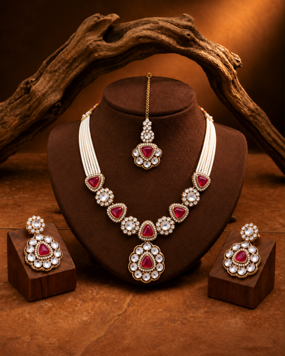 Pink Jasneet Premium Zircone Polki Dupe Necklace Set With Earrings & Teeka