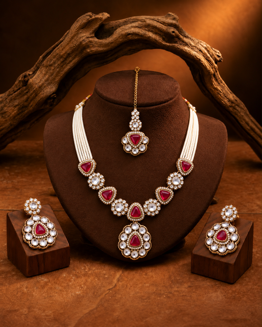 Pink Jasneet Premium Zircone Polki Dupe Necklace Set With Earrings & Teeka