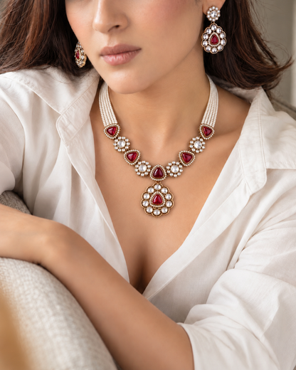 Pink Jasneet Premium Zircone Polki Dupe Necklace Set With Earrings & Teeka