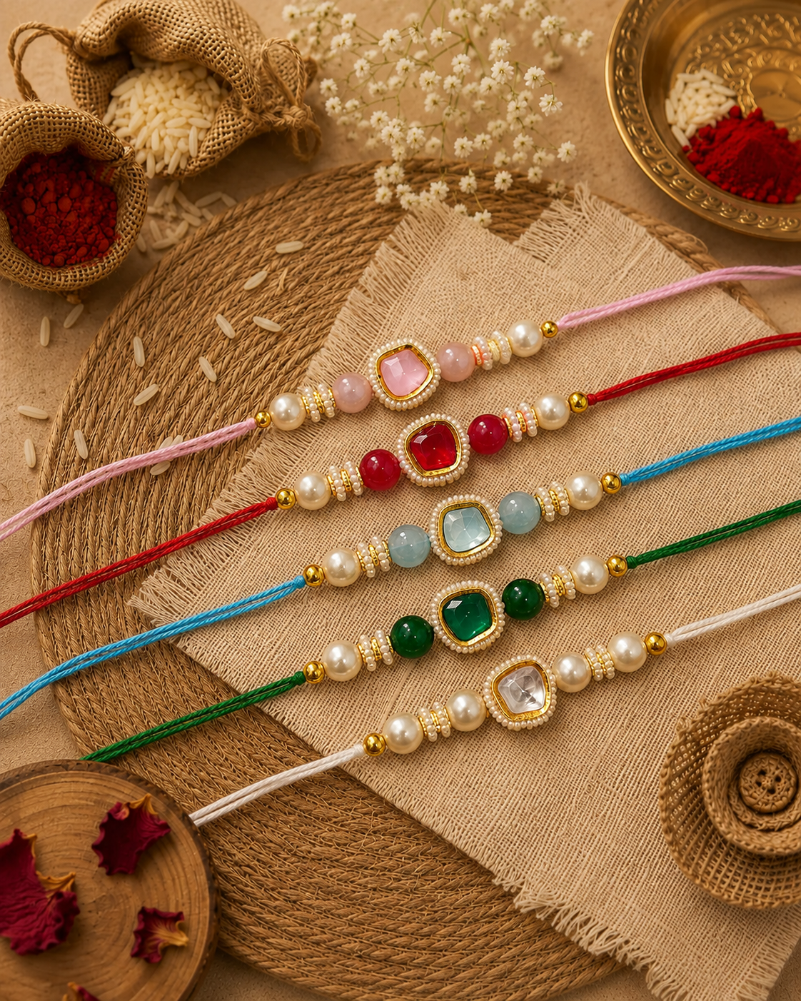 Pack of 5 Elanika Kundan Rakhi for Brother | Tilak Set Included