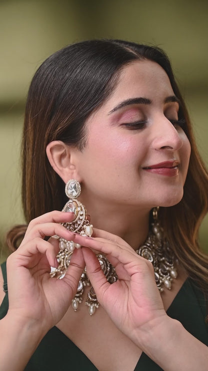 Pearl Naadiya Premium Polki Dupe Necklace with Earring and Teeka