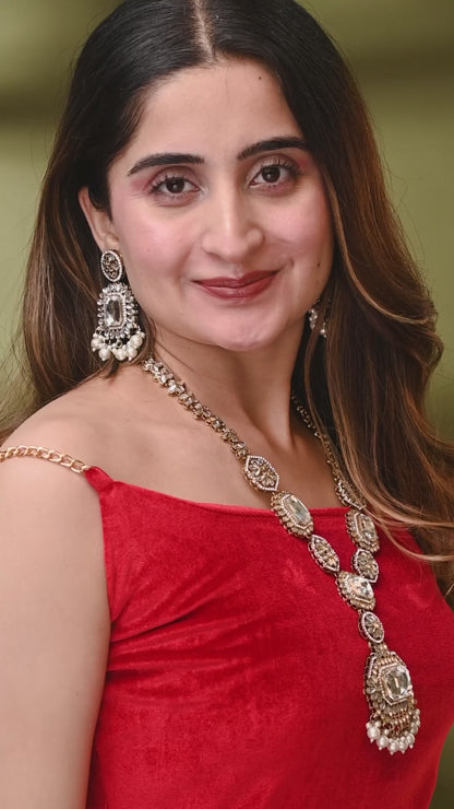Pearl Naavir Premium Polki Dupe Long Necklace with Earring and Teeka