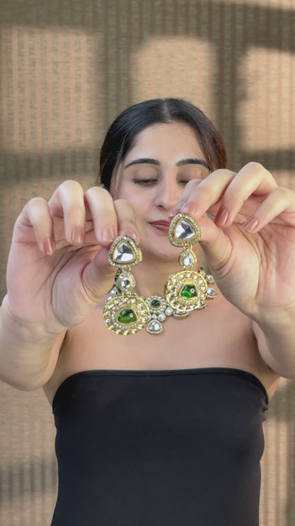 Green Kavita Premium Polki Dupe Necklace with Earring and Teeka