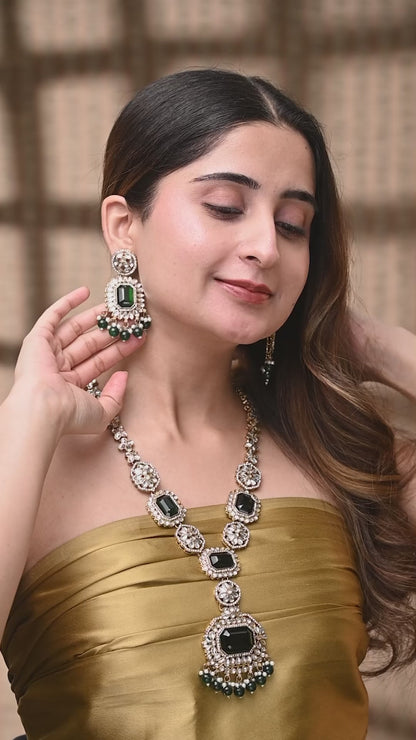 Green Naavir Premium Polki Dupe Long Necklace with Earring and Teeka